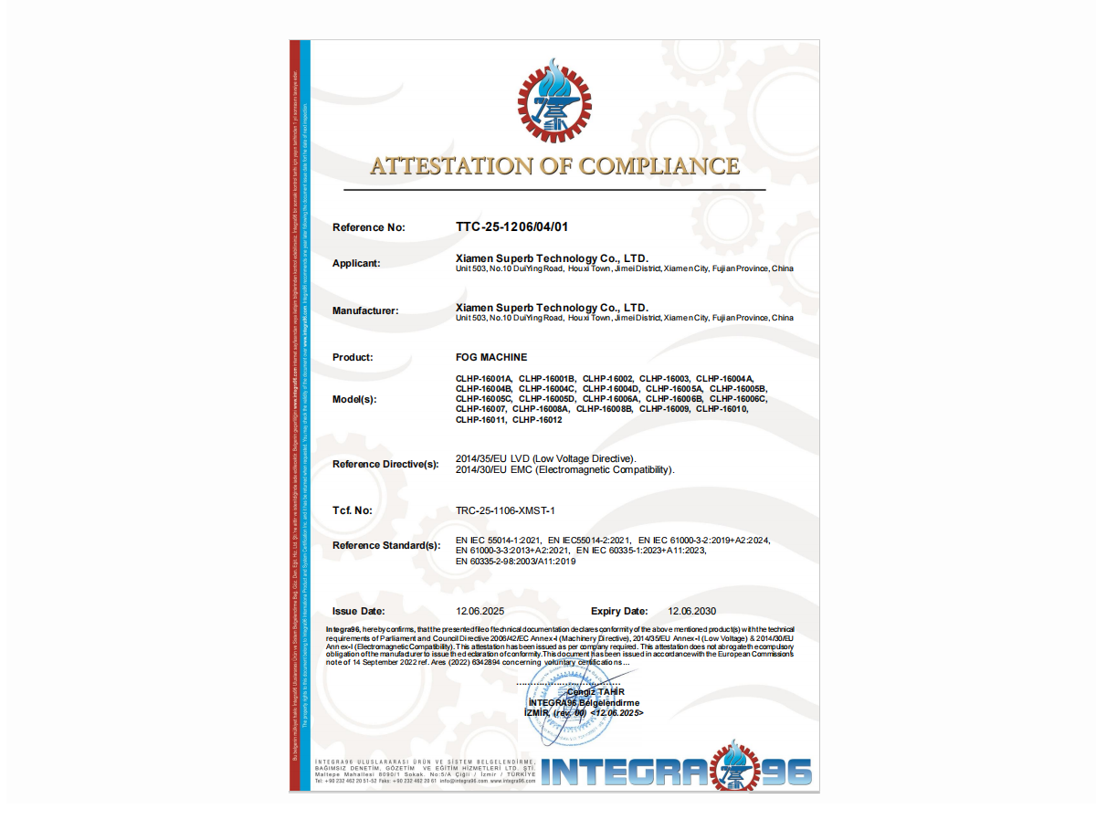 Certificate of fog machine